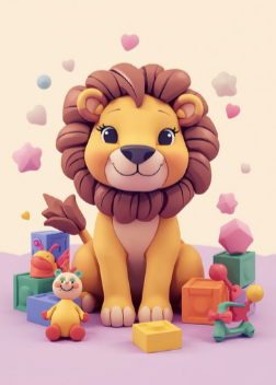 A cute clay lion surrounded by toys — in the app’s style