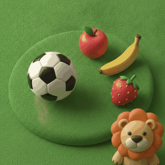 A clay soccer ball on a green field with an apple, a banana and a lion — from the Goooal game