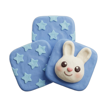 Blue memory cards with stars and a clay rabbit