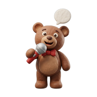 A clay teddy bear singing into a red microphone with a speech bubble
