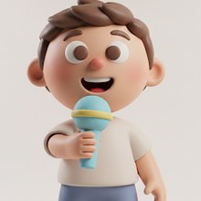 A smiling clay child holding a microphone