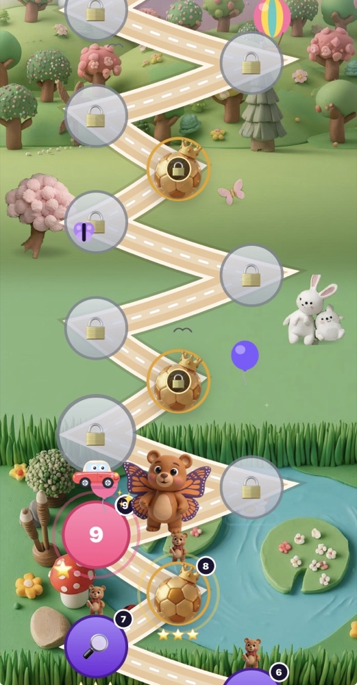 Map of the Starting World — a green meadow with a bear, rabbits and a car